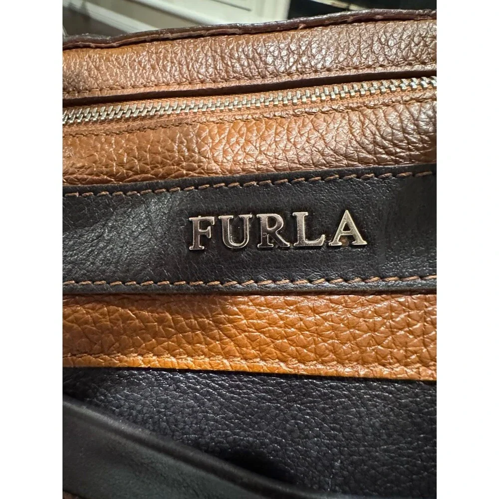 Furla Pebbled Leather Satchel Cognac Brown Black Colorblock Bowling Tote Bag Y2K